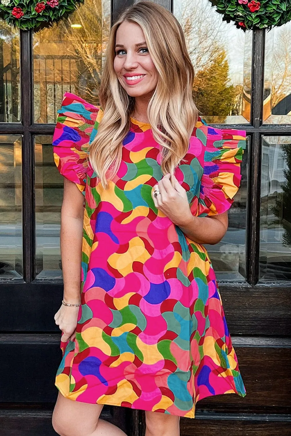 Abstract Rose Red Ruffle Sleeve Shift Dress with Southern Belle Style