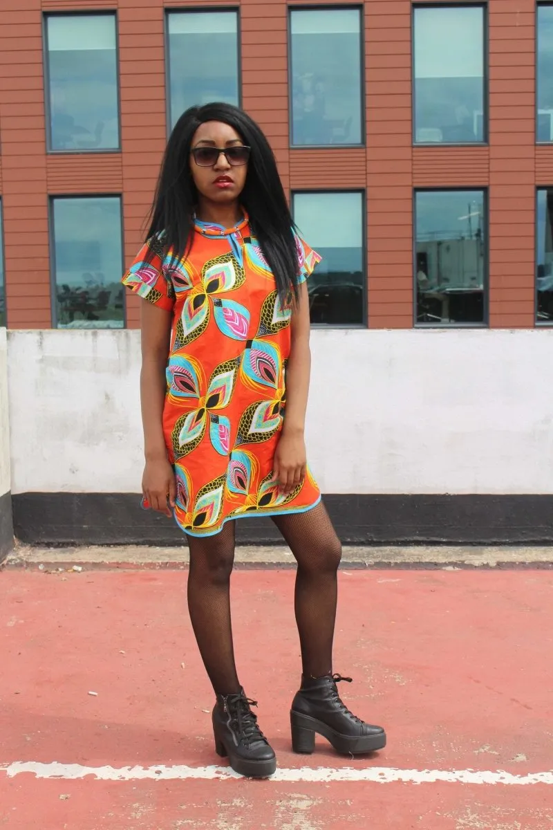 African Dress in Orange Ankara Print