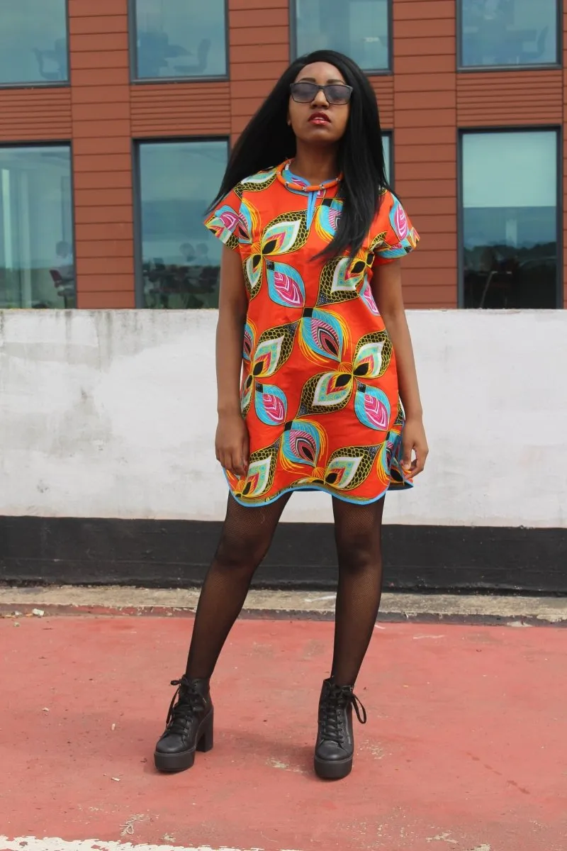 African Dress in Orange Ankara Print