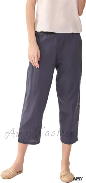 Amy Fashion - Womens Linen Capri Pants with Pockets Full Elastic Waistband Casual Pants