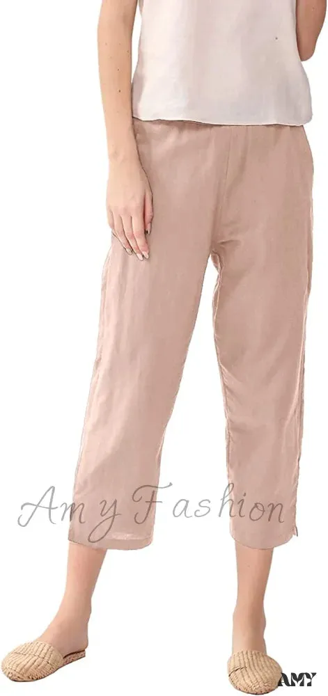 Amy Fashion - Womens Linen Capri Pants with Pockets Full Elastic Waistband Casual Pants