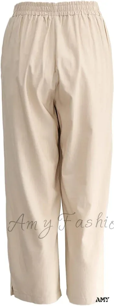 Amy Fashion - Womens Linen Capri Pants with Pockets Full Elastic Waistband Casual Pants