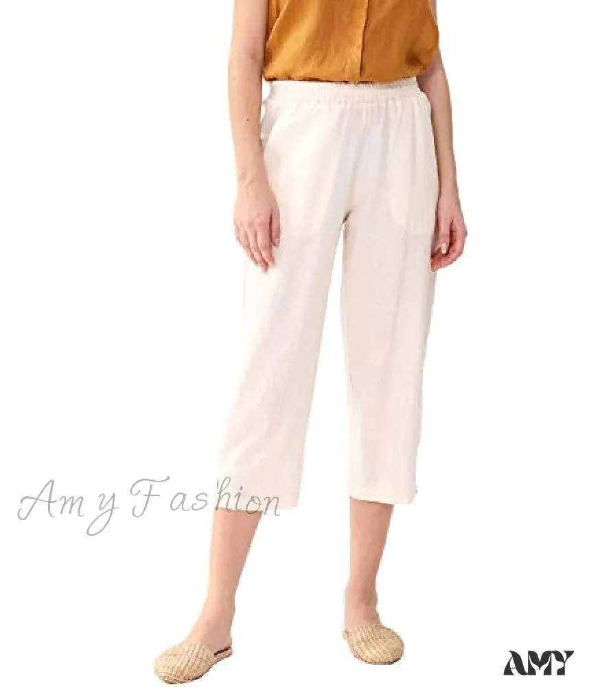 Amy Fashion - Womens Linen Capri Pants with Pockets Full Elastic Waistband Casual Pants