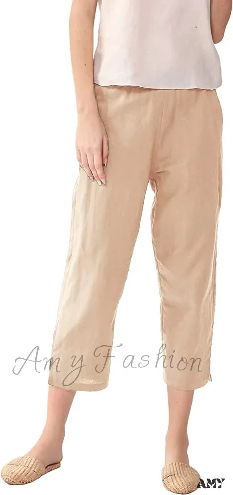 Amy Fashion - Womens Linen Capri Pants with Pockets Full Elastic Waistband Casual Pants