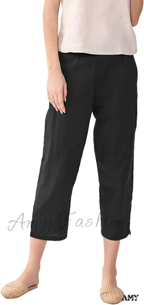 Amy Fashion - Womens Linen Capri Pants with Pockets Full Elastic Waistband Casual Pants