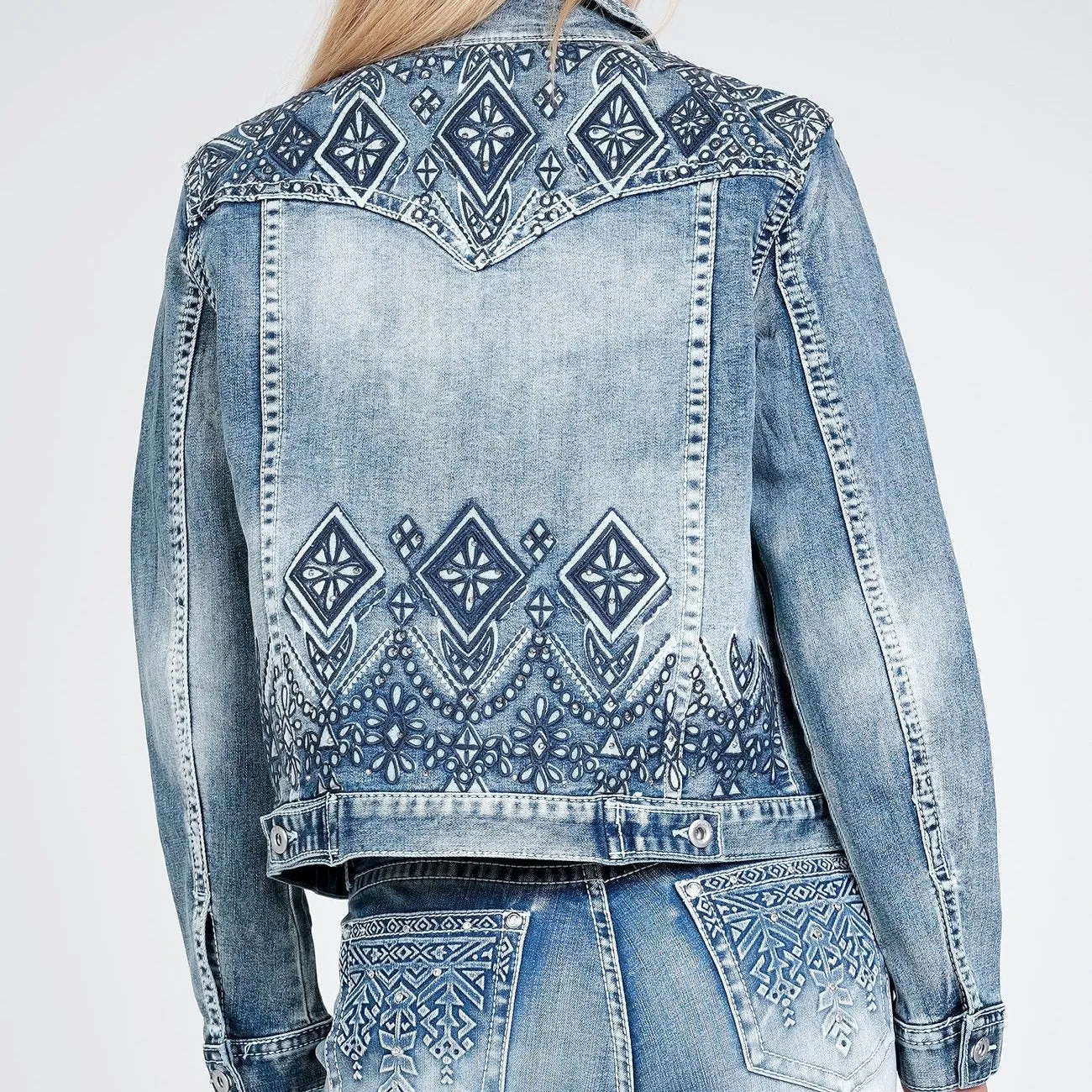 Aztec 3D Printing Embroidered Stretch Denim Jacket at Bourbon Cowgirl