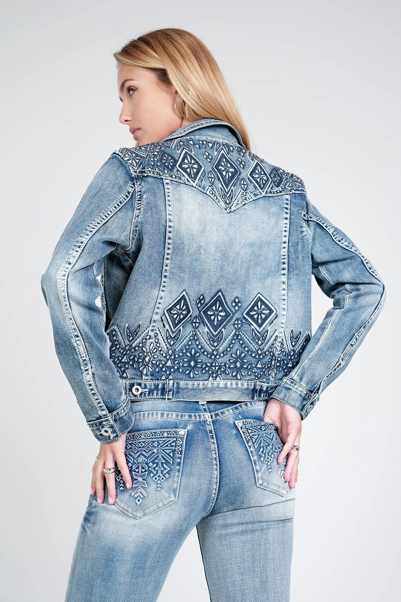 Aztec 3D Printing Embroidered Stretch Denim Jacket at Bourbon Cowgirl