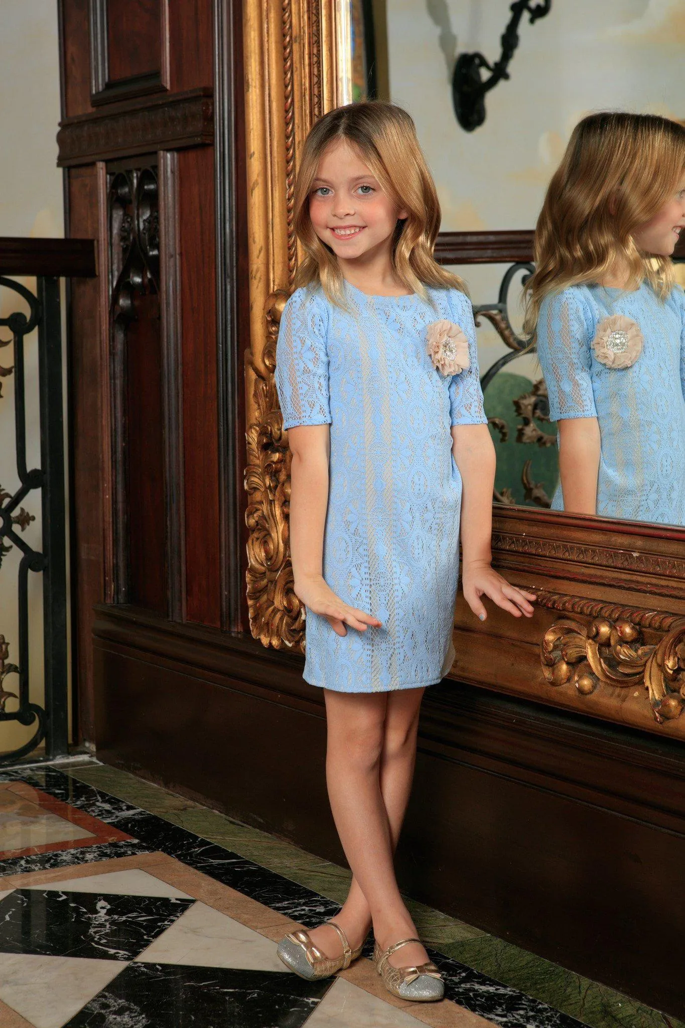 Baby Blue Crochet Lace Elbow Sleeve Shift Summer Party Dress - Girls