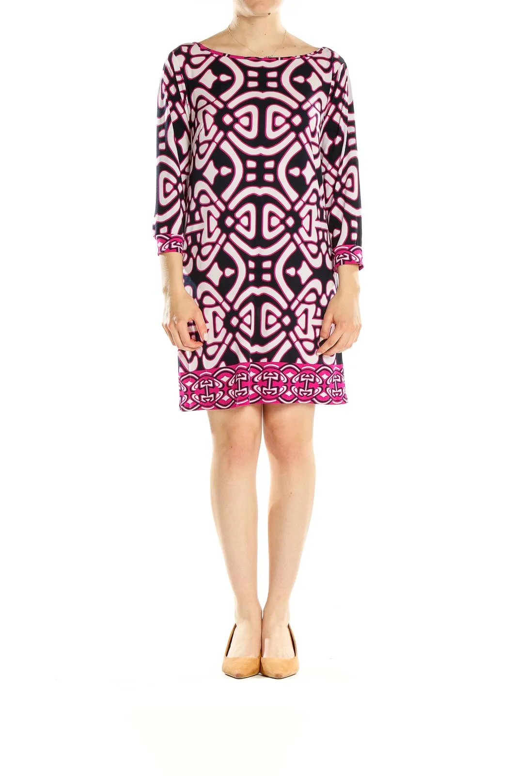 Black and Pink Geometric Print Shift Dress