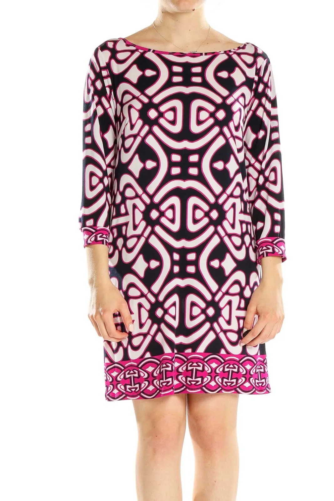 Black and Pink Geometric Print Shift Dress