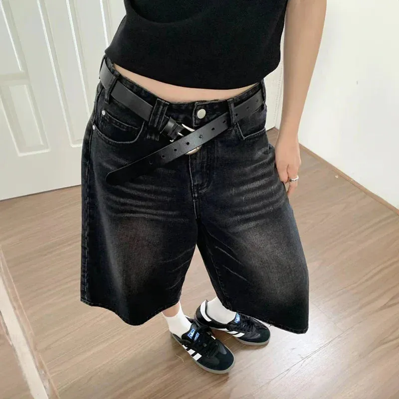 Black Baggy Denim Charming Wide Leg Capri Pants