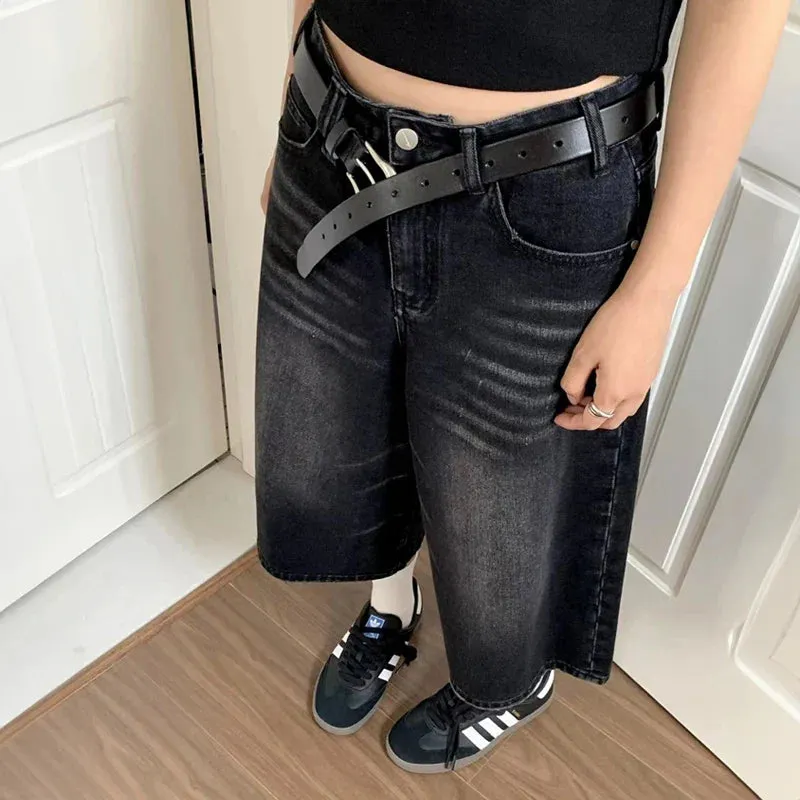 Black Baggy Denim Charming Wide Leg Capri Pants