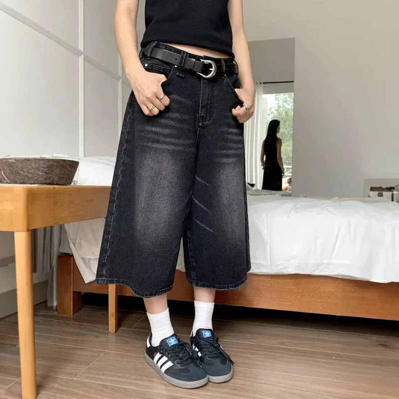 Black Baggy Denim Charming Wide Leg Capri Pants