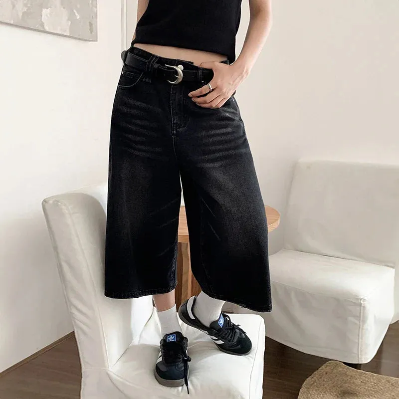 Black Baggy Denim Charming Wide Leg Capri Pants