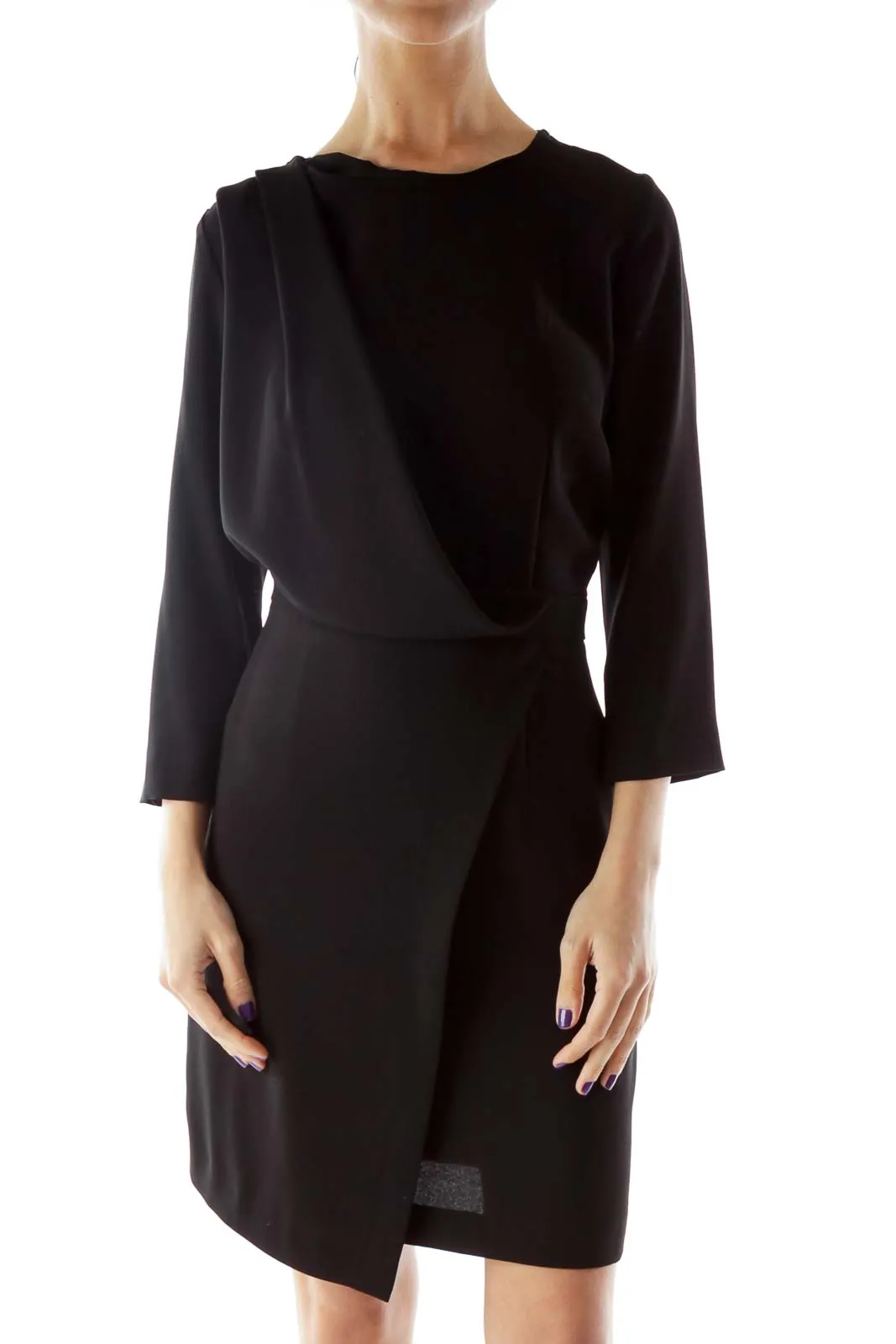 Black Three-Quarter Sleeve Dress with Wrap Detail