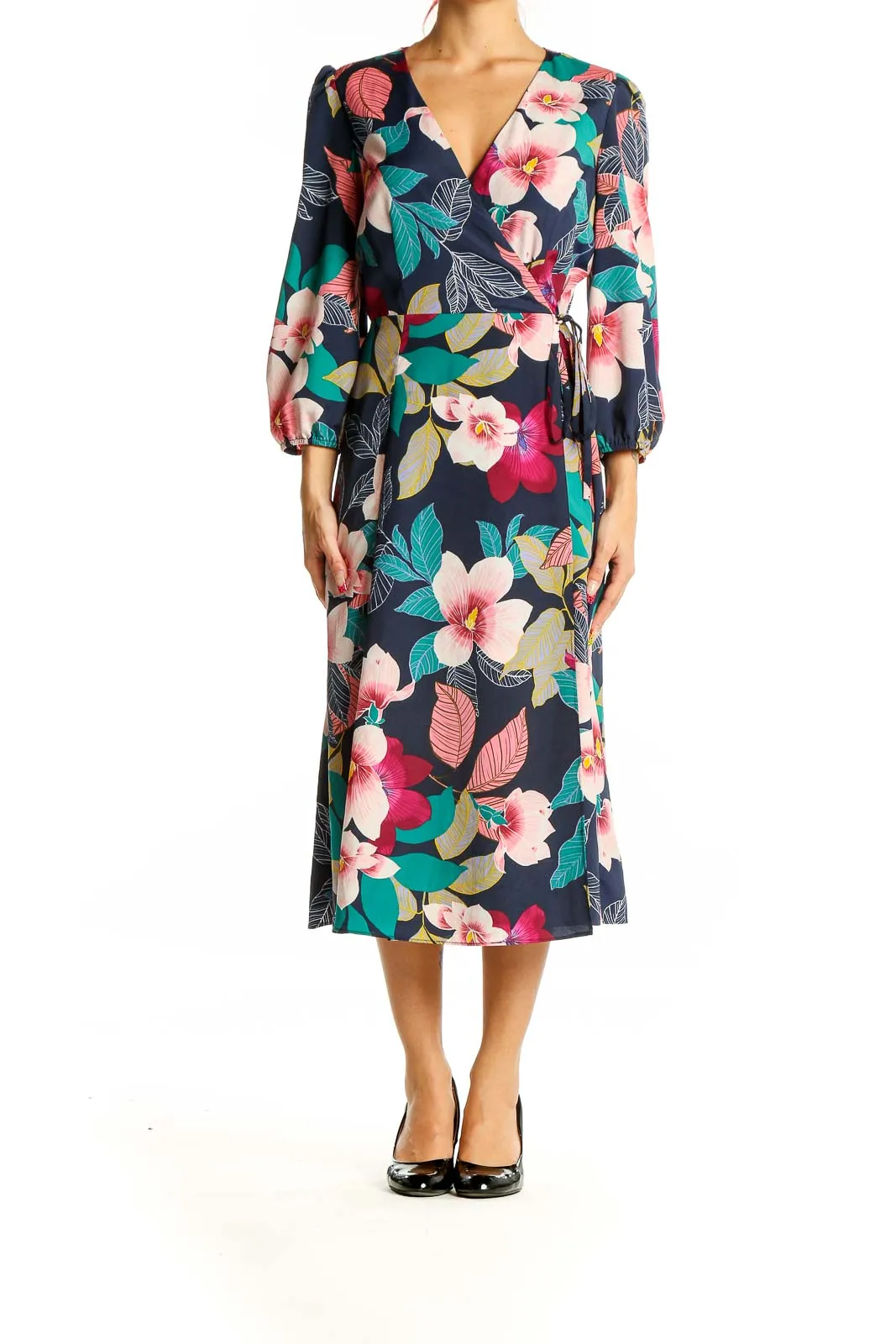 Blue Floral Retro Wrap Dress