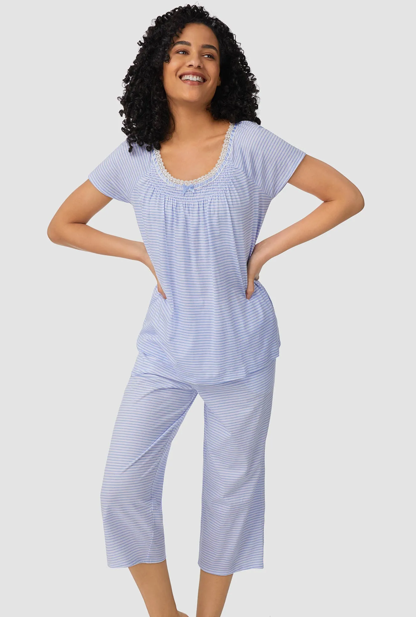 Blue Horizontal Stripe Cap Sleeve Capri PJ Set