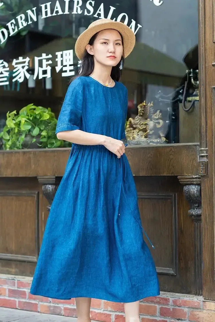 Blue Linen Wrap Dress with Three-Quarter Sleeves