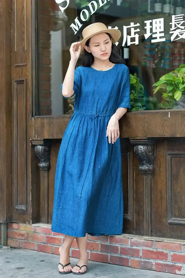 Blue Linen Wrap Dress with Three-Quarter Sleeves