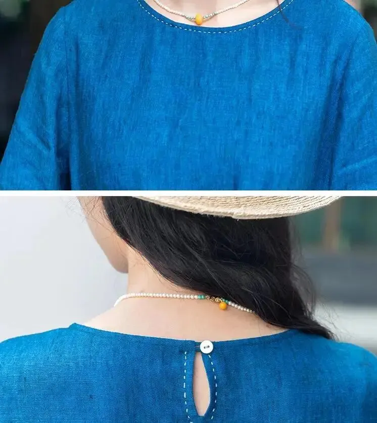 Blue Linen Wrap Dress with Three-Quarter Sleeves