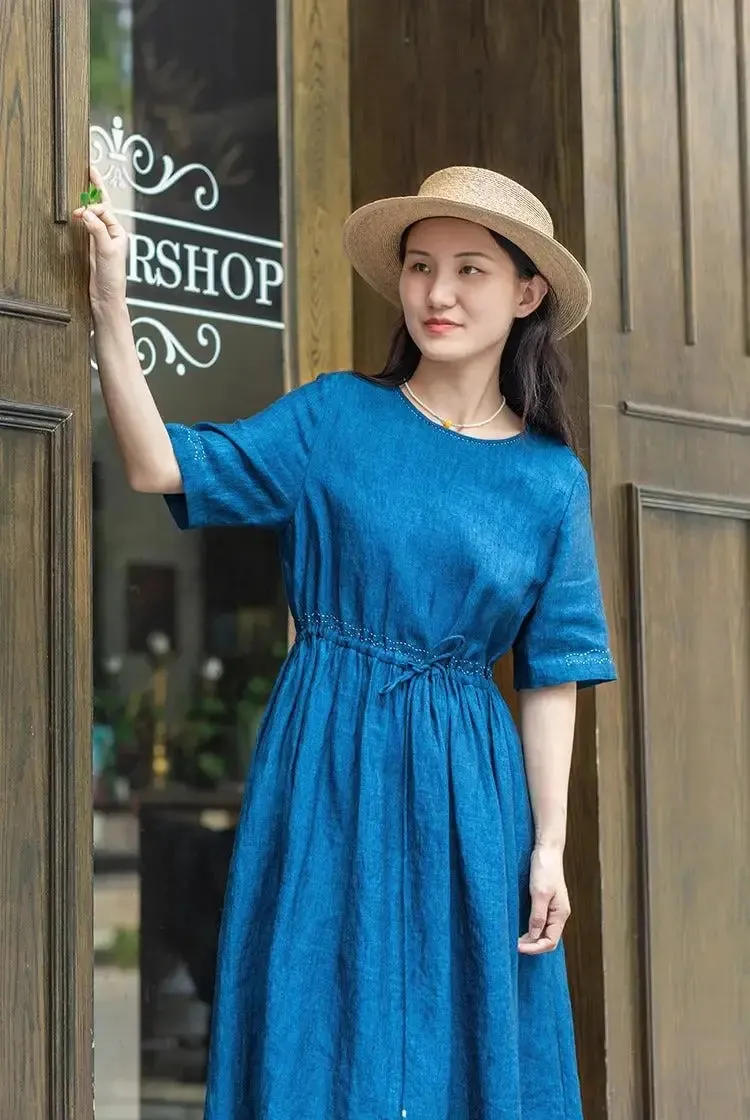 Blue Linen Wrap Dress with Three-Quarter Sleeves