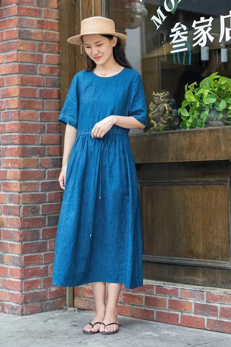 Blue Linen Wrap Dress with Three-Quarter Sleeves