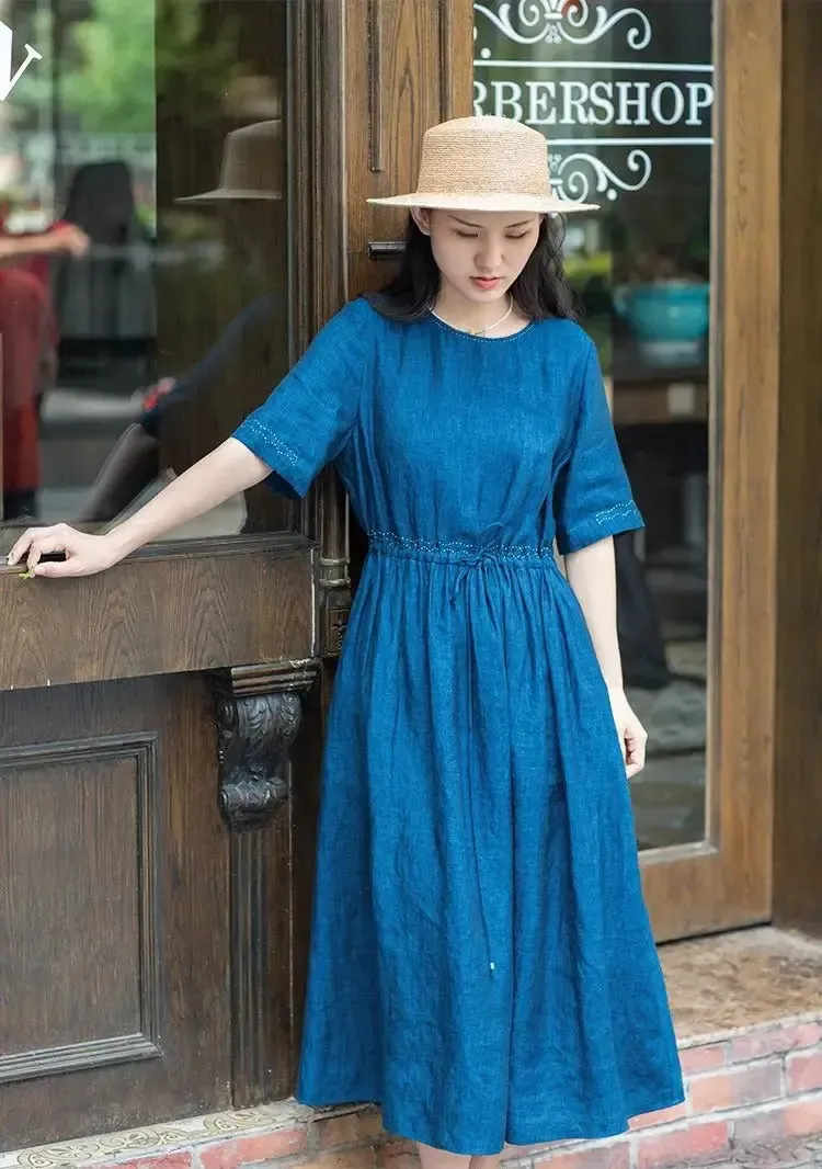 Blue Linen Wrap Dress with Three-Quarter Sleeves