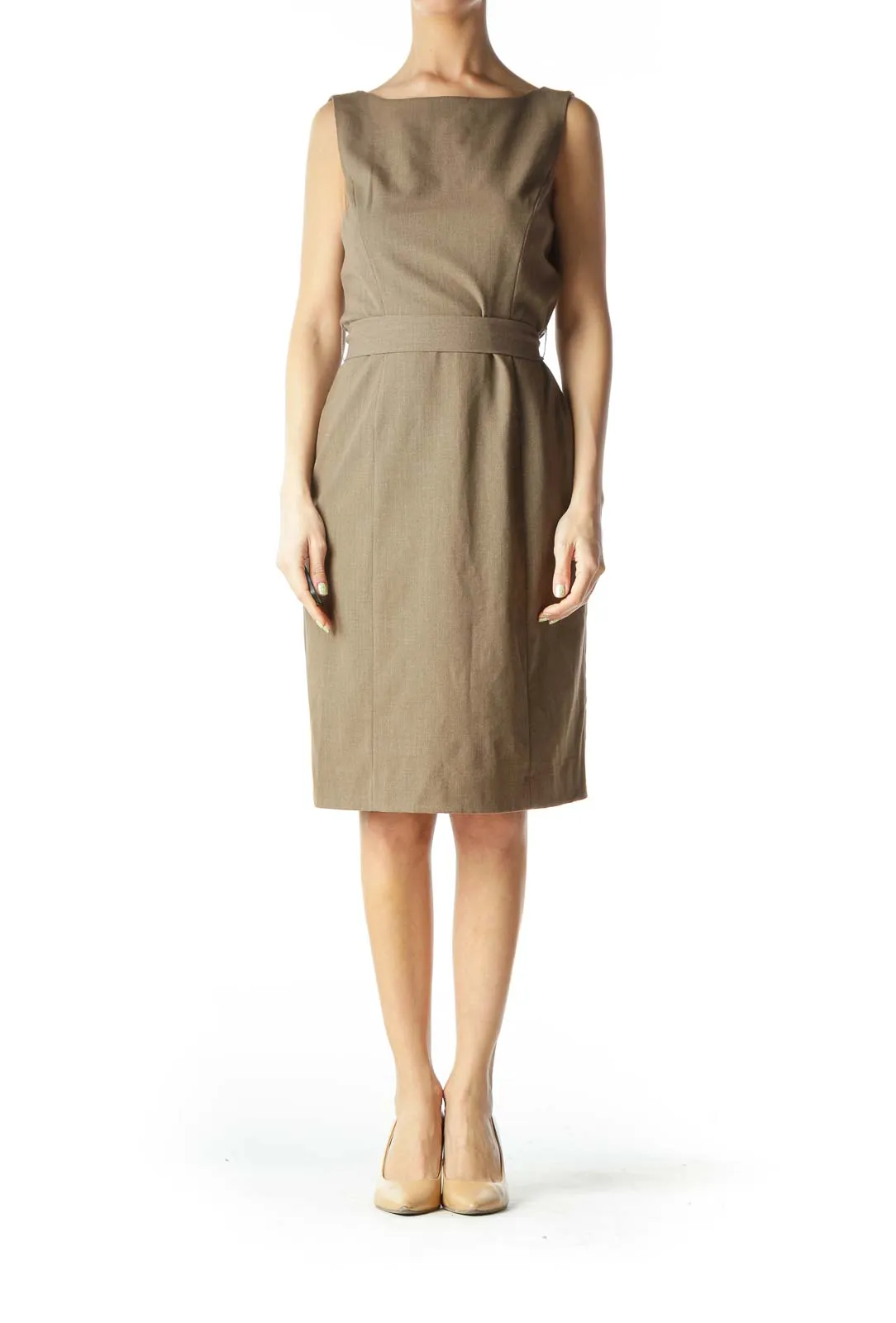 Brown Back-Tie Shift-Neck Structured Work Dress