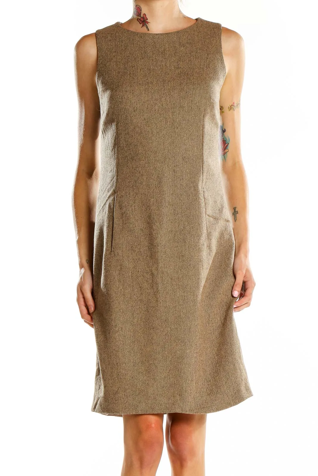 Brown Wool Blend Sleeveless Shift Dress