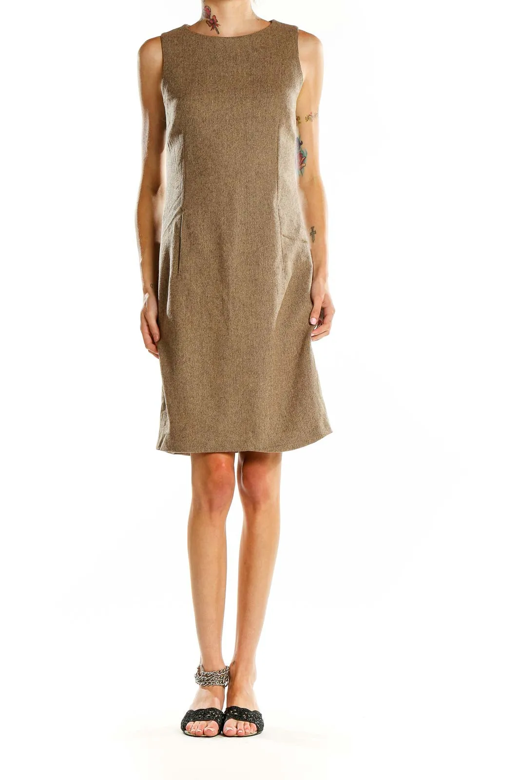 Brown Wool Blend Sleeveless Shift Dress