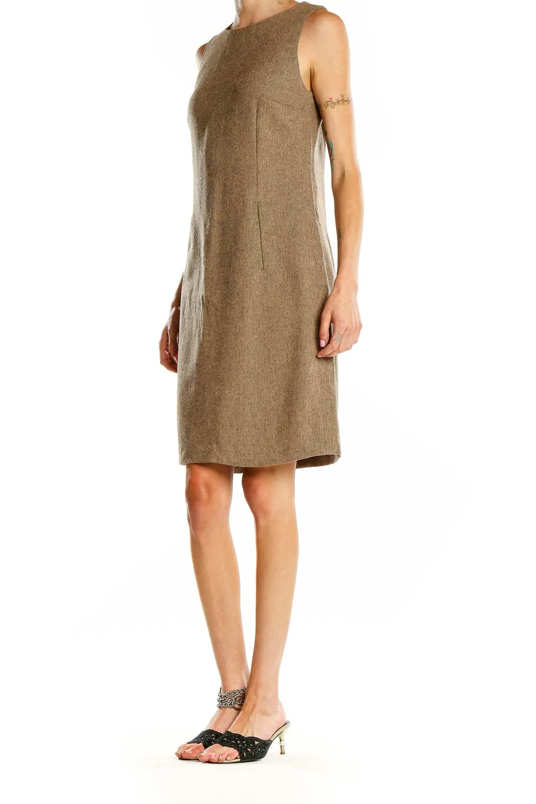 Brown Wool Blend Sleeveless Shift Dress