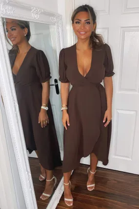 Chocolate Wrap Side Tie Midi Dress