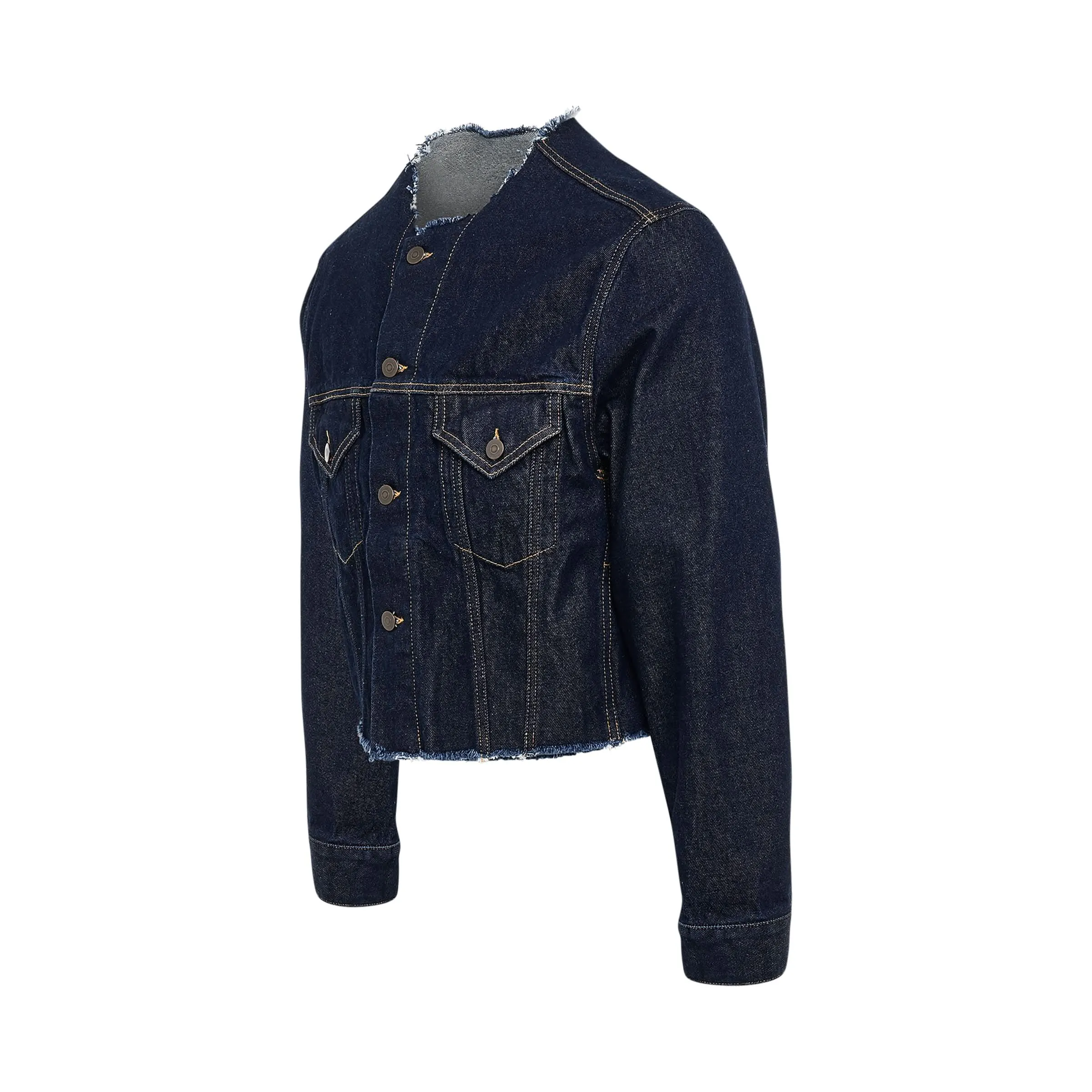 Collarless Cut-Out Denim Jacket in Indigo