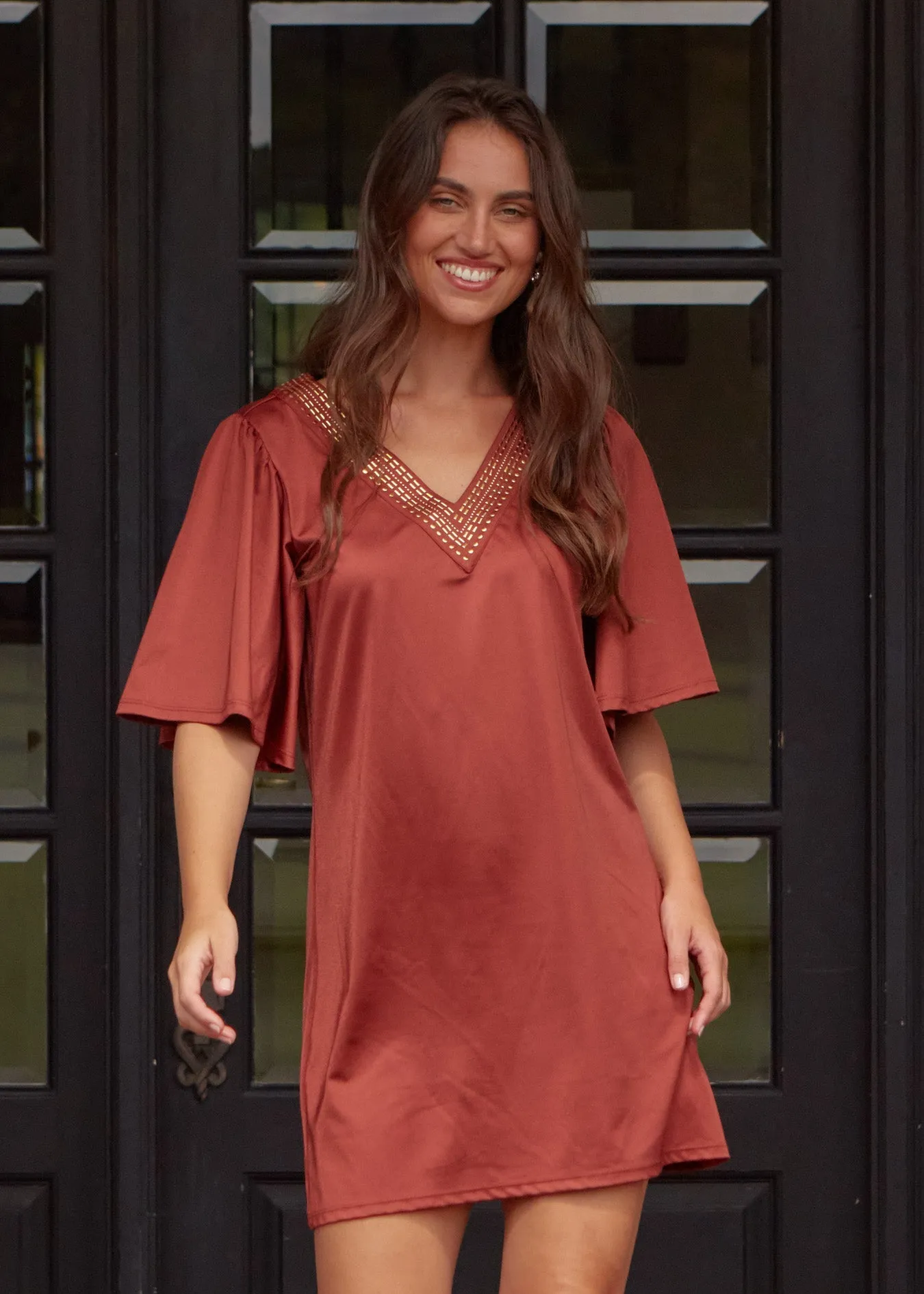 Copper Flutter Sleeve Shift Dress