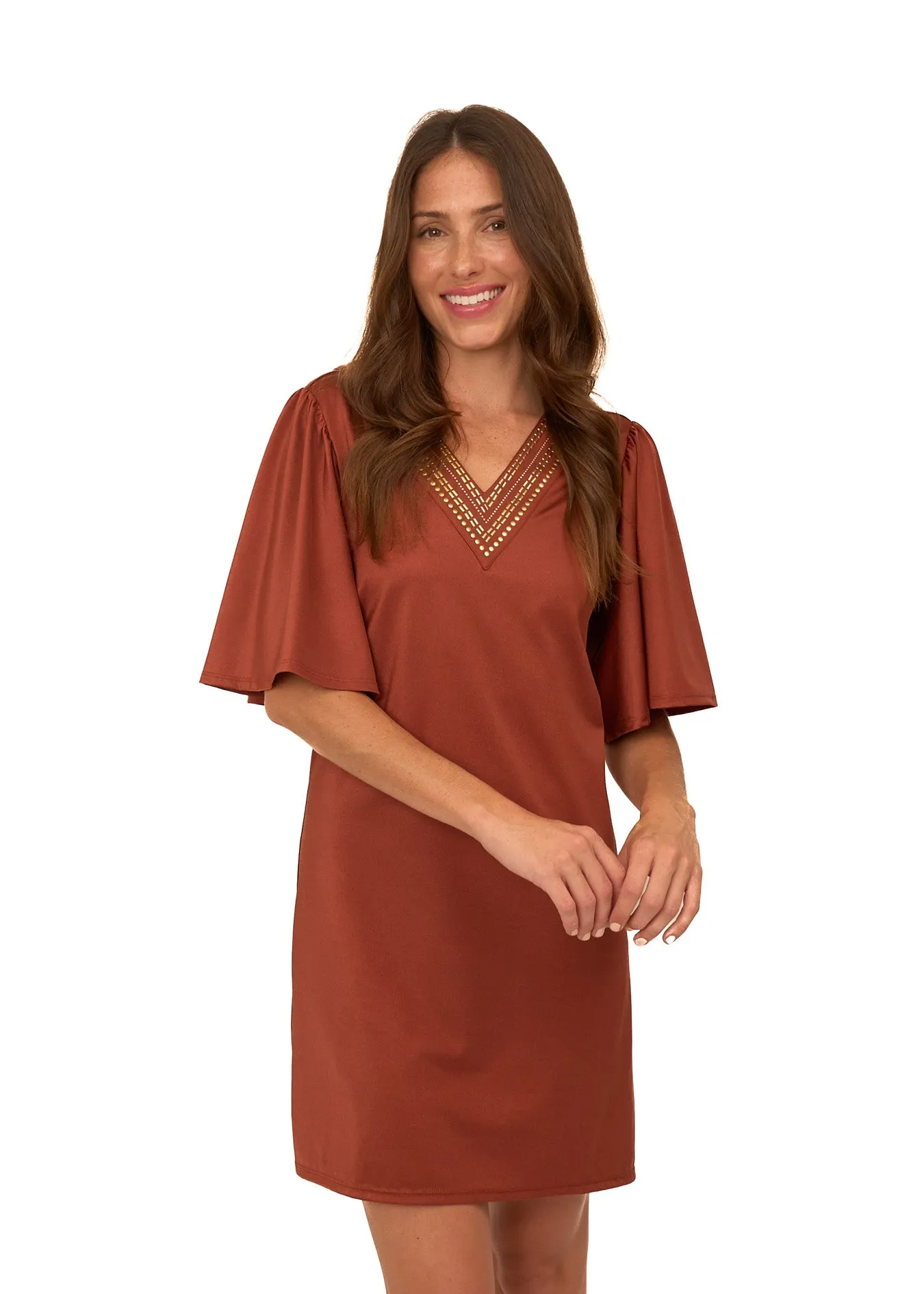 Copper Flutter Sleeve Shift Dress