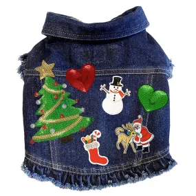 Custom Christmas Denim Dog Jacket With Ruffles Christmas Tree