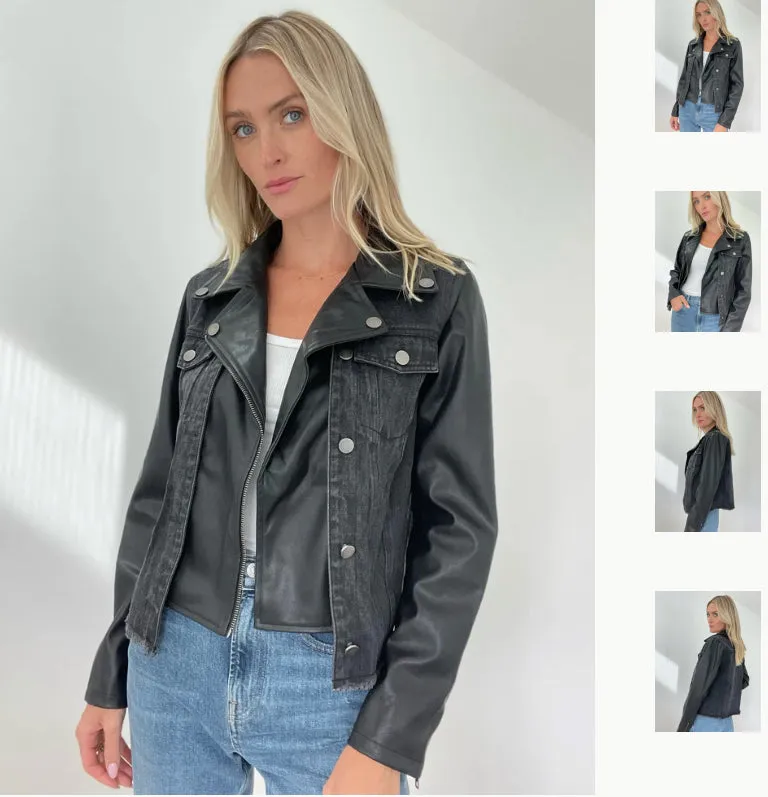 Denim and Faux Leather Motto Jacket