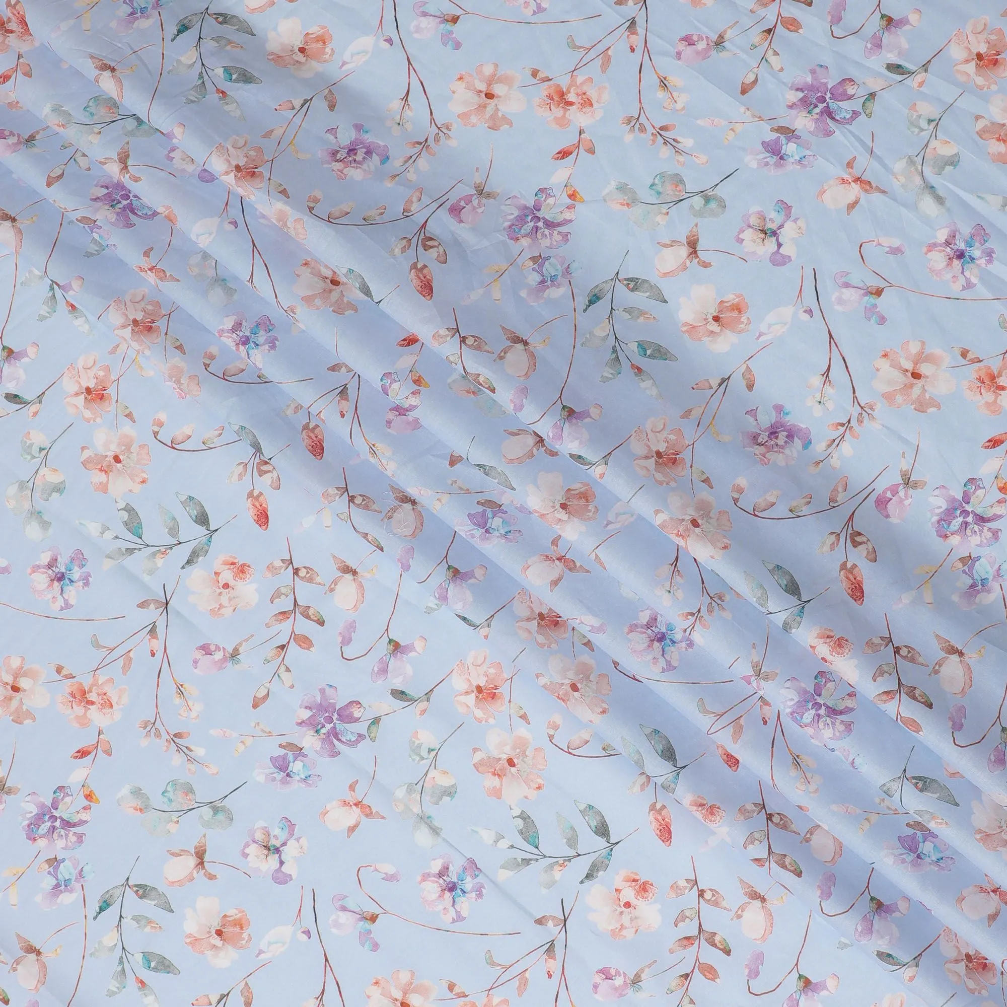 Dreamy Sky Cotton Voile Fabric - 110cm Wide, Pastel Floral Print from India-D18536