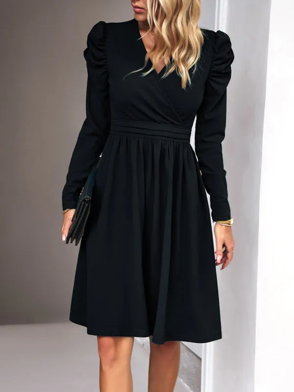 Elegant Solid A-line Surplice V-Neck Puff Long sleeve Midi Dress