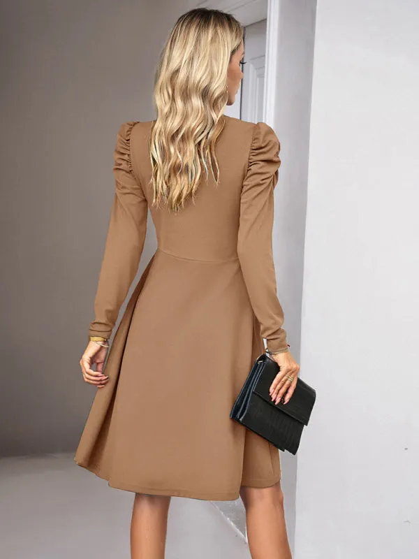 Elegant Solid A-line Surplice V-Neck Puff Long sleeve Midi Dress