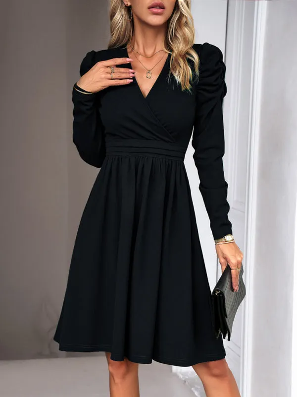 Elegant Solid A-line Surplice V-Neck Puff Long sleeve Midi Dress