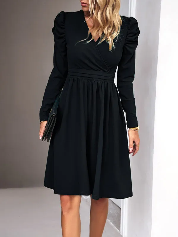 Elegant Solid A-line Surplice V-Neck Puff Long sleeve Midi Dress