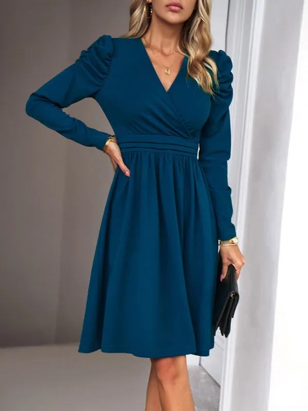 Elegant Solid A-line Surplice V-Neck Puff Long sleeve Midi Dress