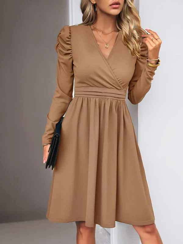 Elegant Solid A-line Surplice V-Neck Puff Long sleeve Midi Dress