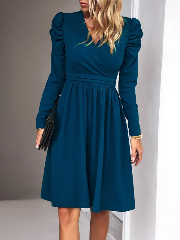 Elegant Solid A-line Surplice V-Neck Puff Long sleeve Midi Dress