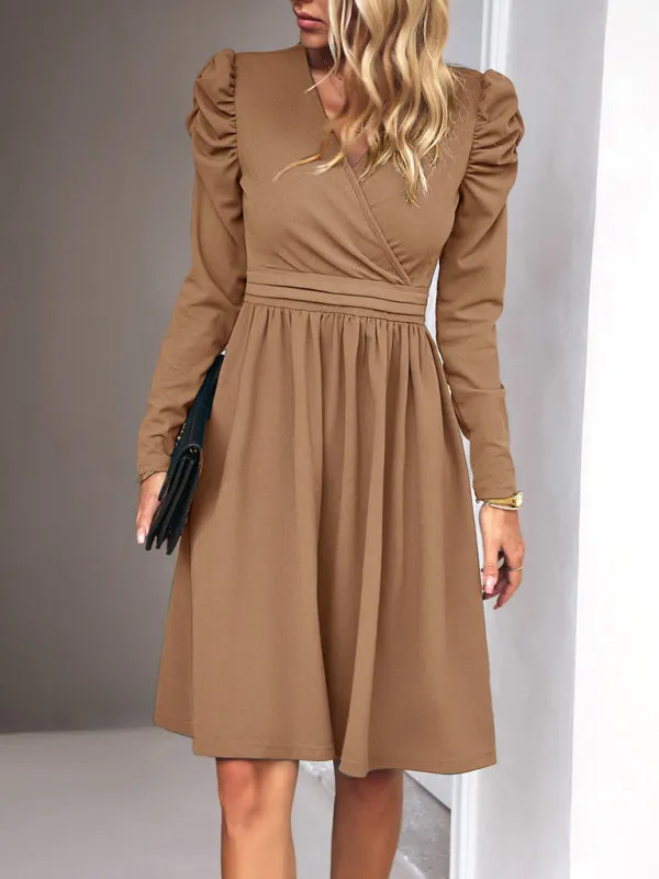 Elegant Solid A-line Surplice V-Neck Puff Long sleeve Midi Dress