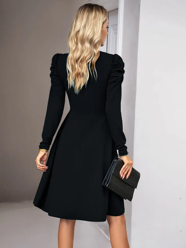 Elegant Solid A-line Surplice V-Neck Puff Long sleeve Midi Dress