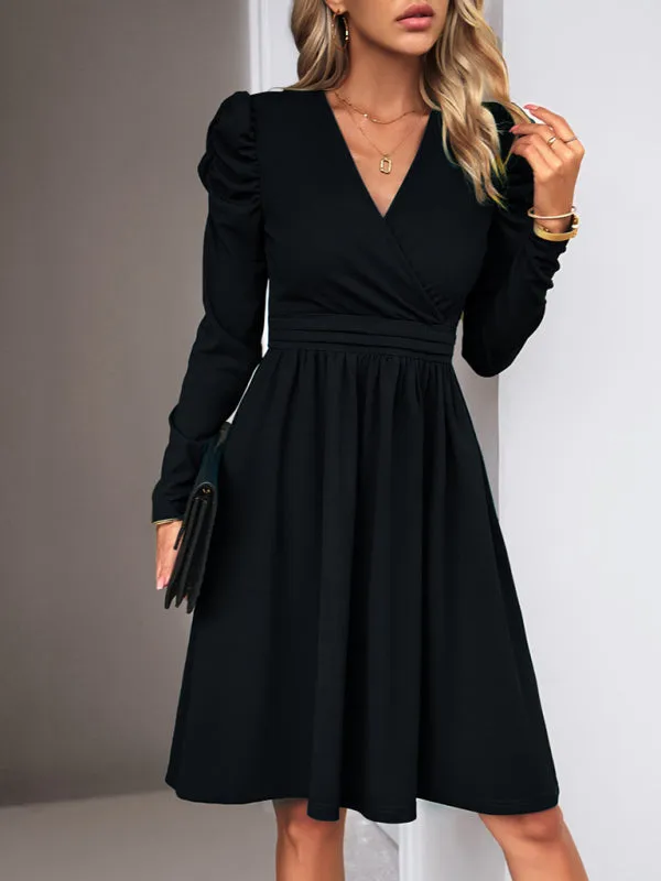 Elegant Solid A-line Surplice V-Neck Puff Long sleeve Midi Dress