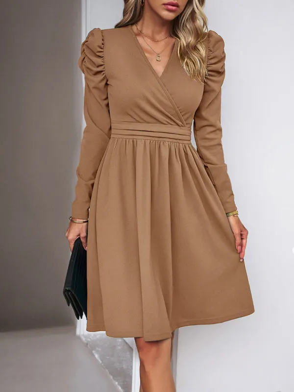 Elegant Solid A-line Surplice V-Neck Puff Long sleeve Midi Dress