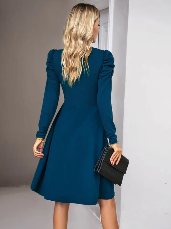 Elegant Solid A-line Surplice V-Neck Puff Long sleeve Midi Dress